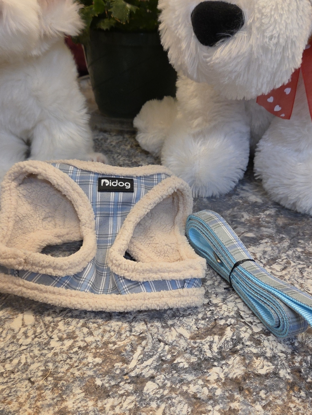 Dogs  Blue Plaid Harness with Faux Shearling Trim Harness And Leash